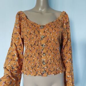 Arizona Jean Company Women's Mustard Floral Blouse Size XL‎